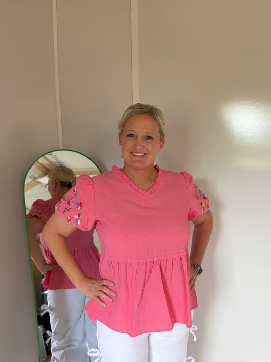 🌸 Pink Embroidered Puff Sleeve Top