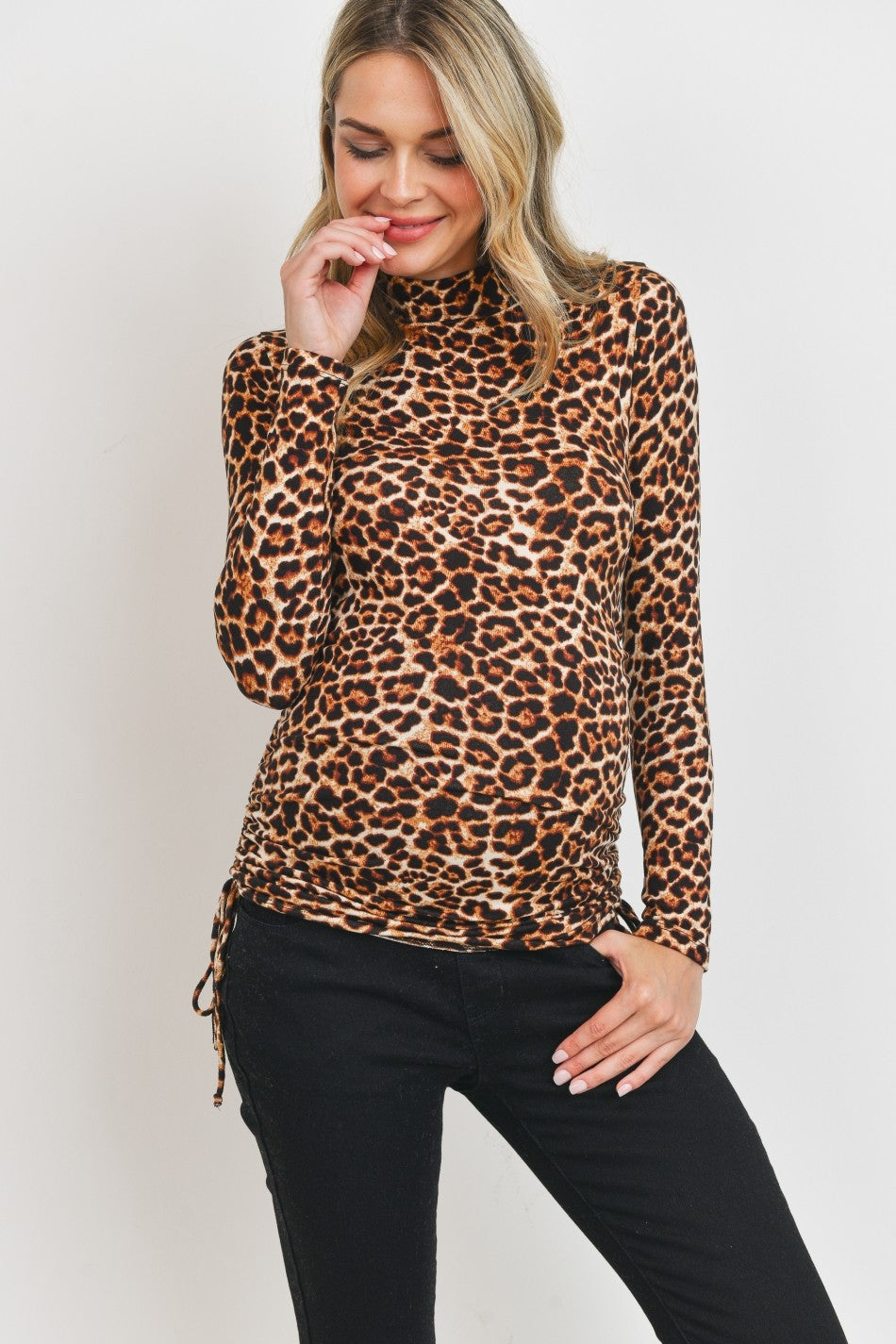 🐆 Ruched Leopard Maternity Mock Neck Top