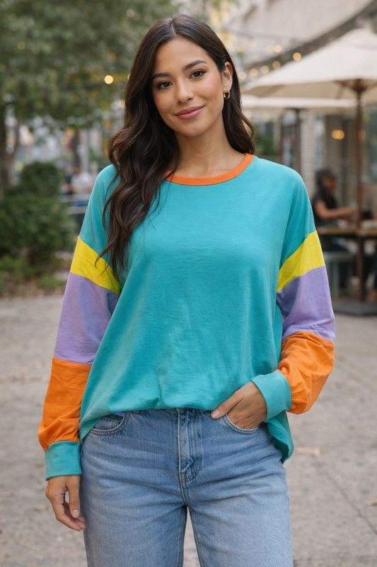 🌈Coastal Blue Color Block Relaxed Fit Top