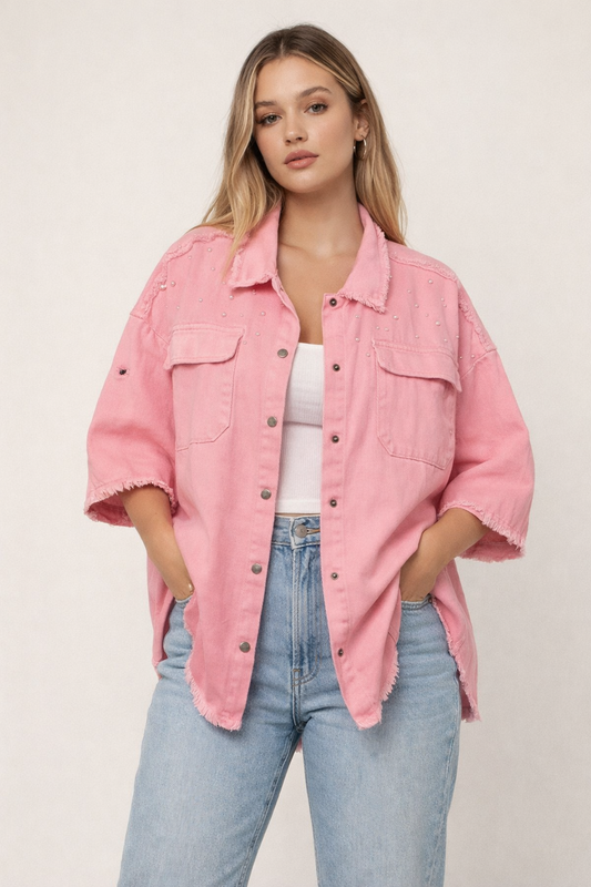 🛍️Pretty in Pink Pearl Accent Denim Jacket