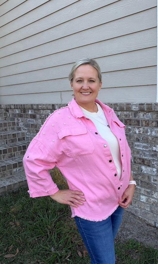 🛍️Pretty in Pink Pearl Accent Denim Jacket