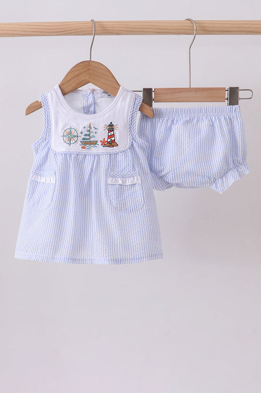 Blue Sailboat Seersucker Bloomer Set 👶⚓️