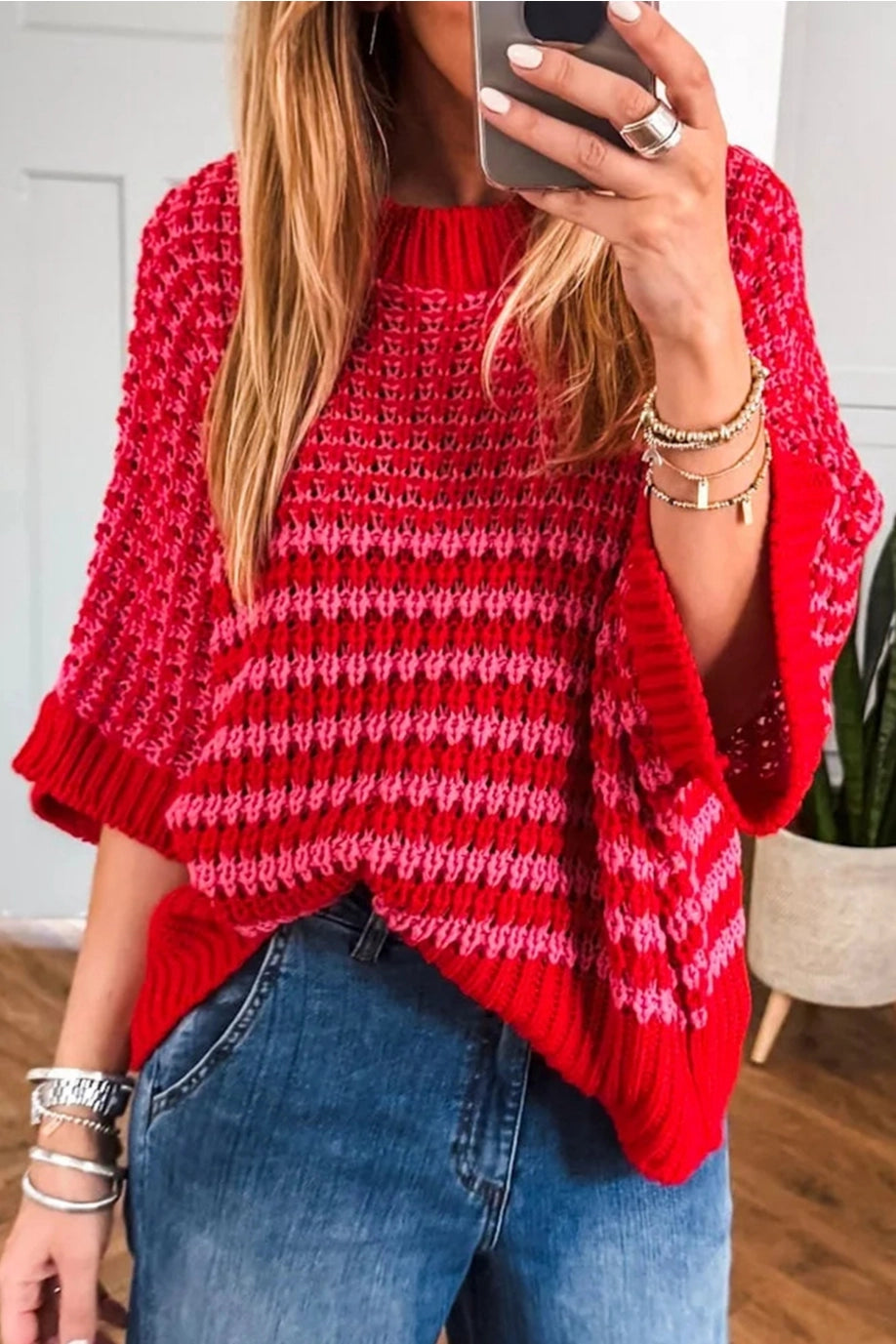 ❤️ Red Geometric Colorblock 3/4 Sleeve Draped Sweater