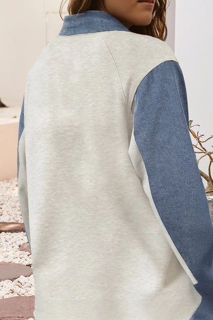 💙 Patchwork Denim Long Sleeve Polo Top